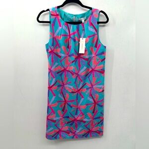 CUDDY blue abstract sleeveless midi length classic colorful career dress M NWT